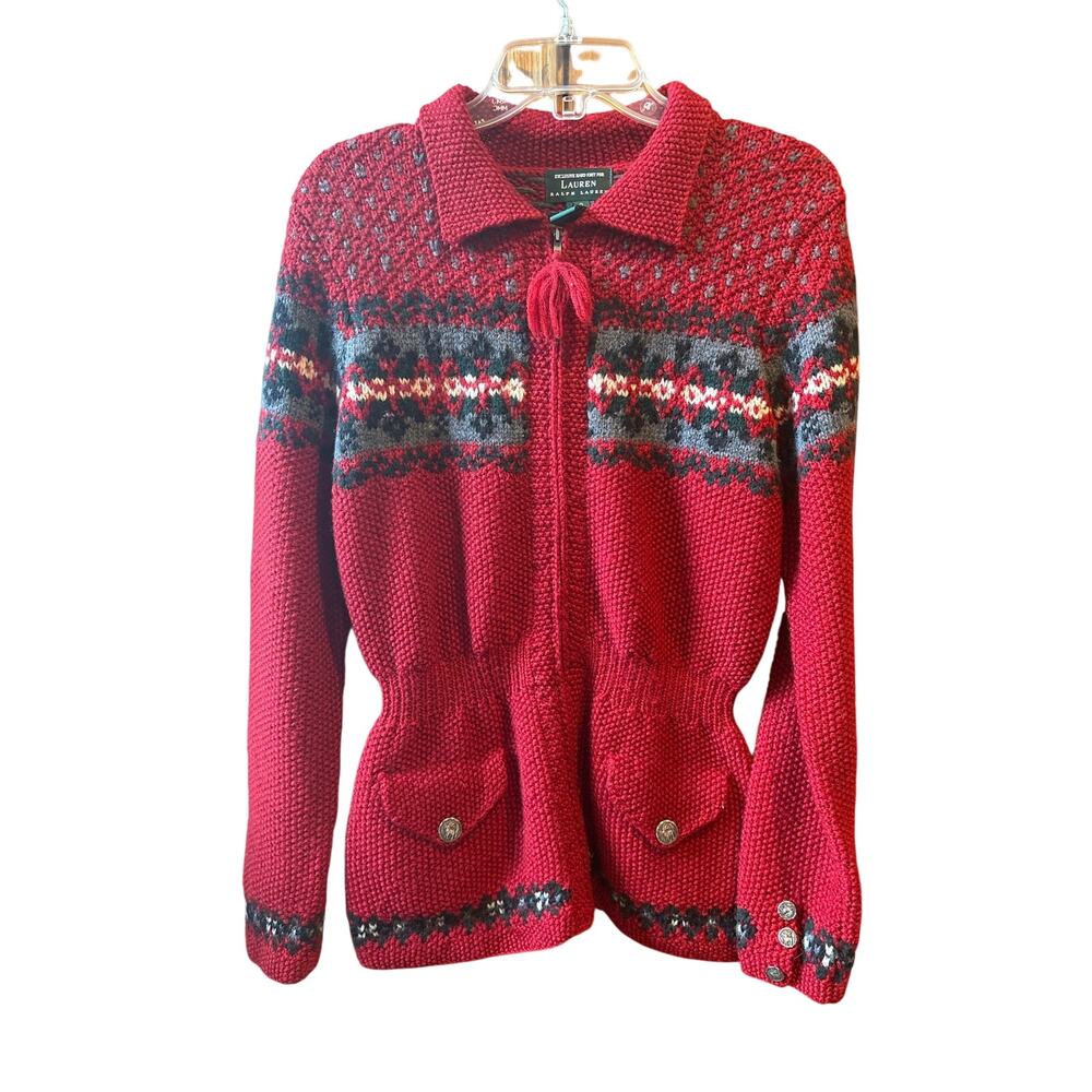 Lauren Ralph Lauren Fair Isle Red Norwegian wool knit full zip sweater small